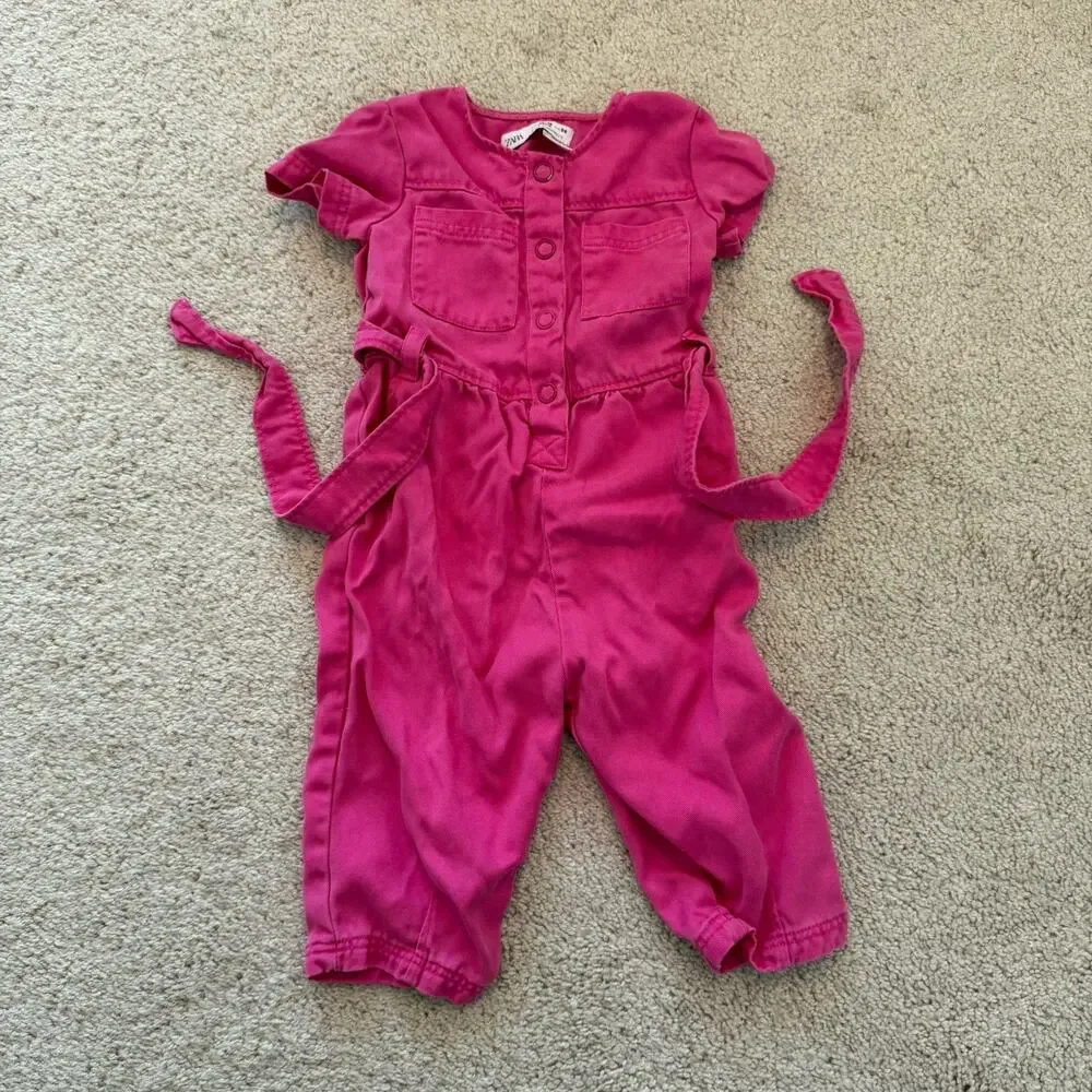 Lot of 2 12-18M Zara romper one-piece pink brown cotton button short sleeve